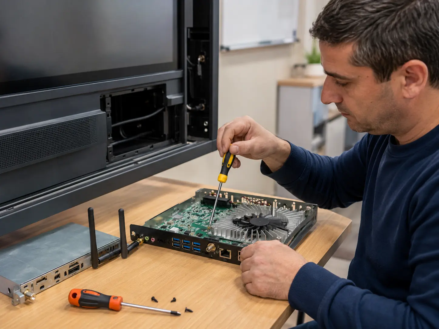 Akıllı tahta tamiri için teknik kontrol yapan servis ekibi görseli