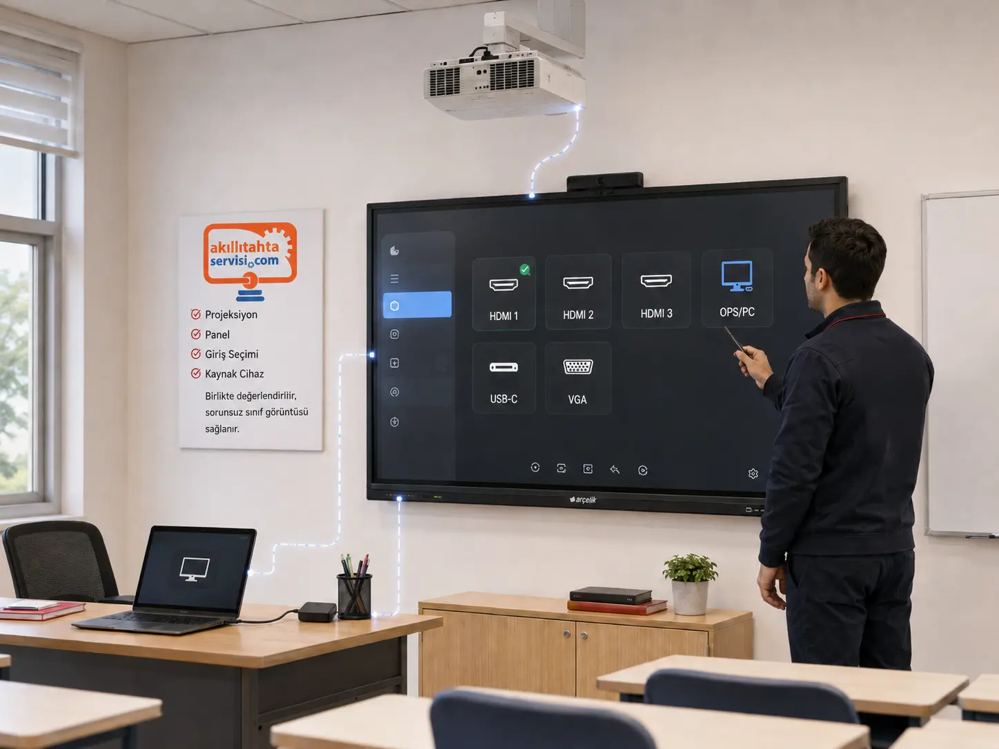Projeksiyon ve panel desteği için bağlantı kontrolünü temsil eden görsel